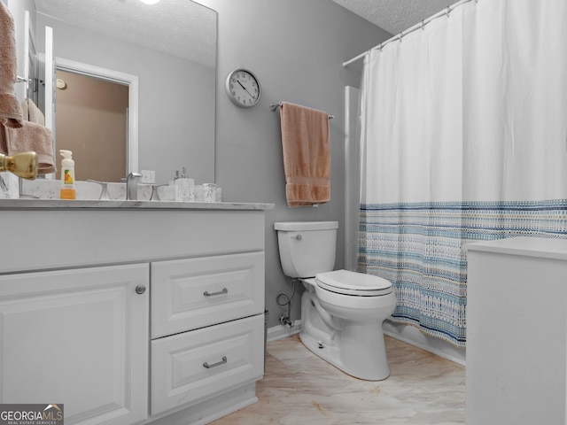 2866 Rosecommons Dr, Hampton, GA 30228 - full bathroom with a textured ceiling, vanity, marble look tiles, and curtained shower