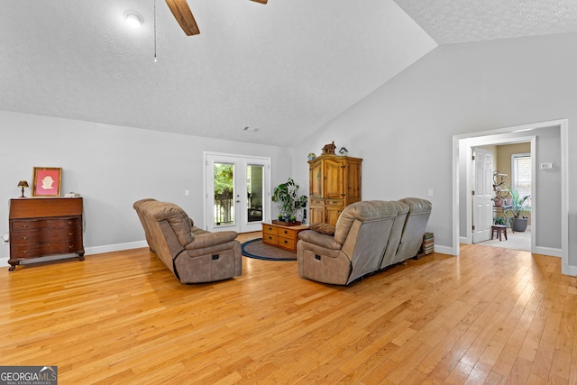152 Bear Creek Rd, Moreland, GA 30259 - living area with a ceiling fan, light wood-type flooring, french doors, a textured ceiling, and high vaulted ceiling