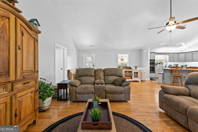 152 Bear Creek Rd, Moreland, GA 30259 - living room with a ceiling fan, light wood-style flooring, and a textured ceiling