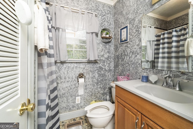 303 Cherokee St, Pine Mountain, GA 31822 - full bathroom featuring wallpapered walls, vanity, ornamental molding, and a shower with curtain