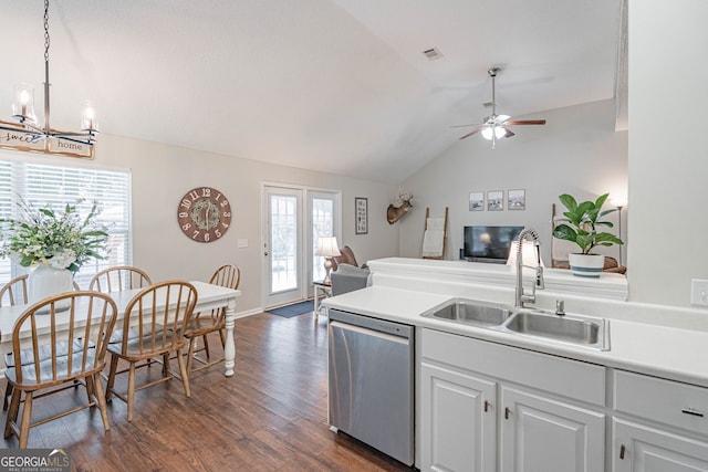 231 Brookstone Ct, Rincon, GA 31326 - kitchen with dishwasher, lofted ceiling, dark wood-type flooring, open floor plan, and a chandelier