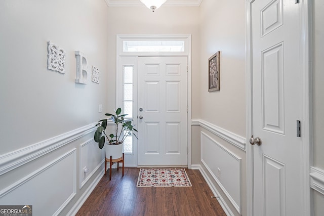 231 Brookstone Ct, Rincon, GA 31326 - foyer with a wainscoted wall, dark wood-type flooring, and crown molding