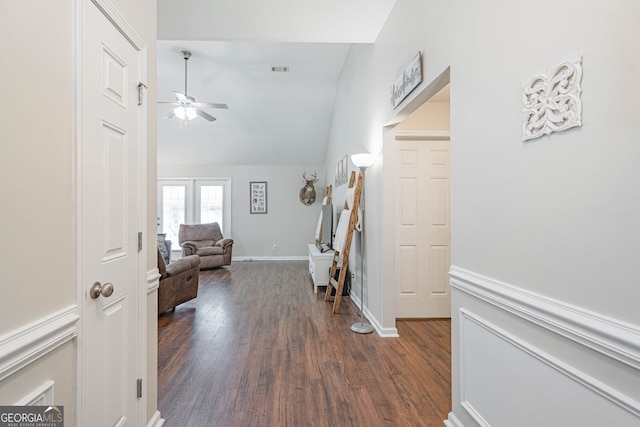 231 Brookstone Ct, Rincon, GA 31326 - entryway featuring ceiling fan, dark wood-style flooring, and lofted ceiling