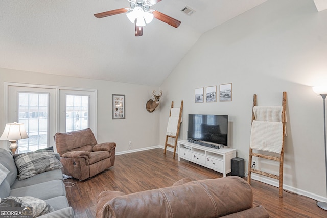 231 Brookstone Ct, Rincon, GA 31326 - living area with wood finished floors, ceiling fan, and vaulted ceiling