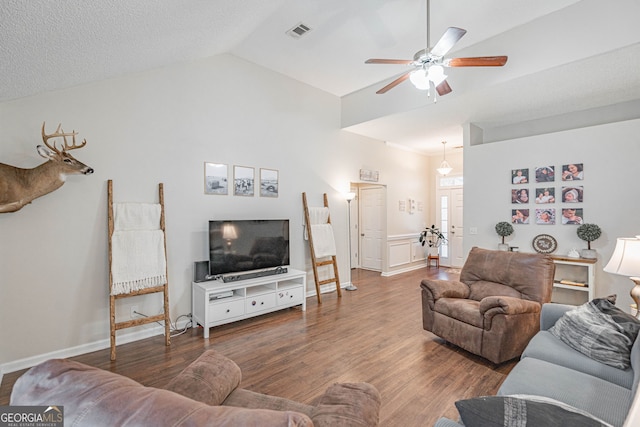231 Brookstone Ct, Rincon, GA 31326 - living area with a ceiling fan, wood finished floors, and high vaulted ceiling
