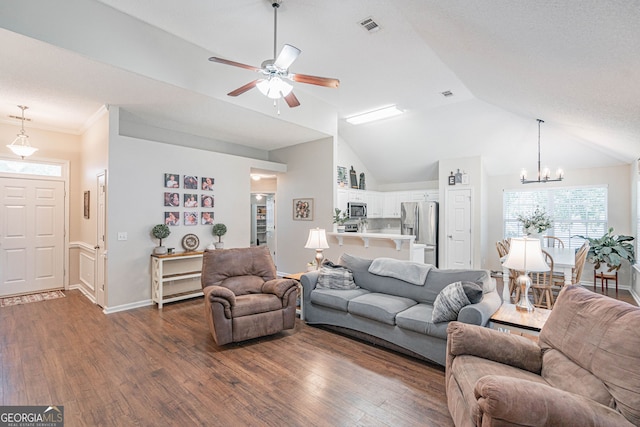 231 Brookstone Ct, Rincon, GA 31326 - living area featuring a chandelier, ceiling fan, dark wood-style flooring, and high vaulted ceiling