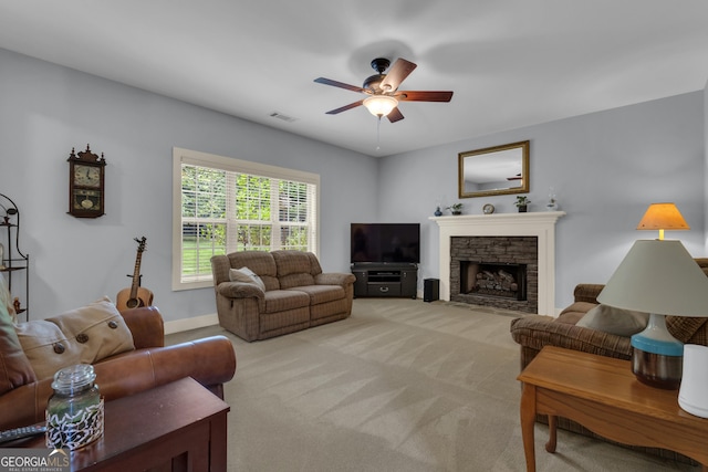 14 Hammock Ridge Dr, Newnan, GA 30265 - living area with ceiling fan, light colored carpet, and a fireplace