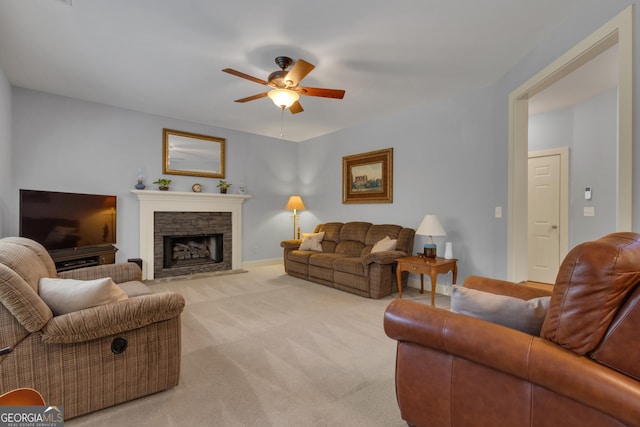 14 Hammock Ridge Dr, Newnan, GA 30265 - living room featuring a ceiling fan, light colored carpet, and a fireplace