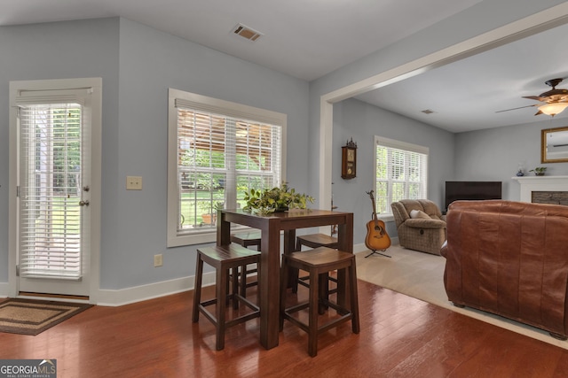 14 Hammock Ridge Dr, Newnan, GA 30265 - dining area featuring wood finished floors, a fireplace, and ceiling fan