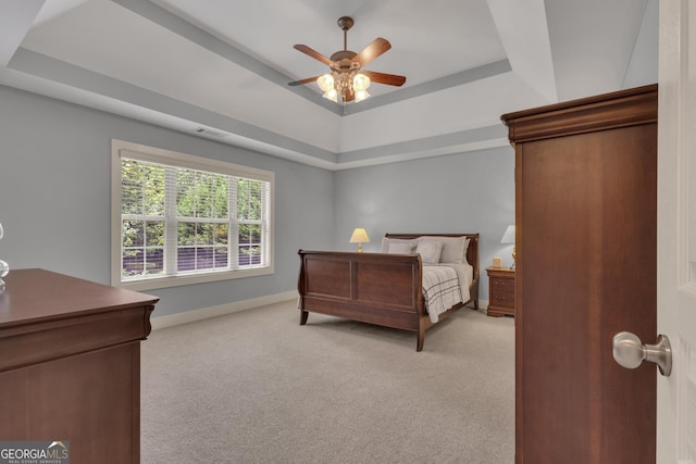 14 Hammock Ridge Dr, Newnan, GA 30265 - bedroom with a tray ceiling, light carpet, and a ceiling fan