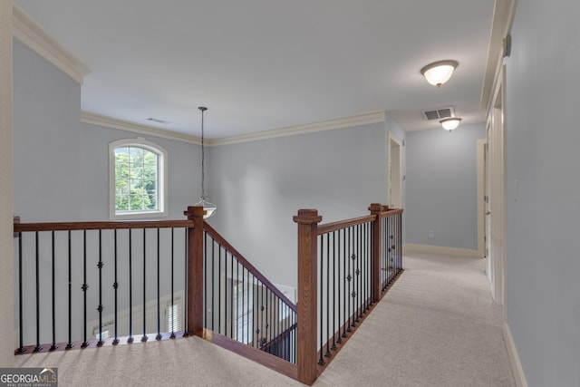 14 Hammock Ridge Dr, Newnan, GA 30265 - hallway with an upstairs landing, carpet flooring, and ornamental molding