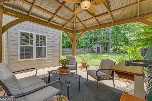 14 Hammock Ridge Dr, Newnan, GA 30265 - view of patio with ceiling fan, an outdoor hangout area, a shed, and a gazebo