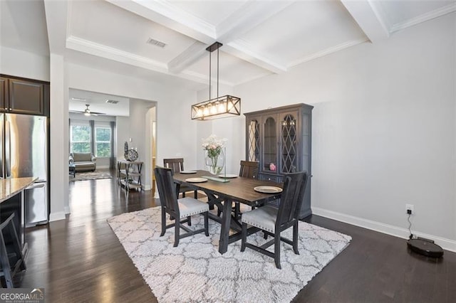 5504 Cameron Parc Dr, Johns Creek, GA 30022 - dining area with dark wood finished floors, beamed ceiling, coffered ceiling, a ceiling fan, and ornamental molding