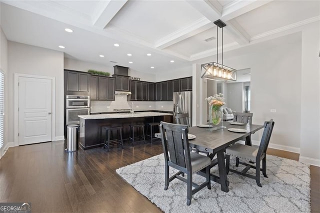 5504 Cameron Parc Dr, Johns Creek, GA 30022 - dining area featuring coffered ceiling, recessed lighting, beamed ceiling, dark wood finished floors, and ornamental molding