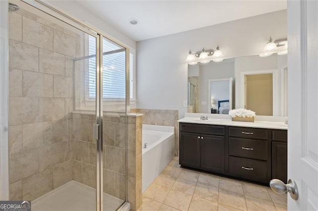 5504 Cameron Parc Dr, Johns Creek, GA 30022 - full bathroom featuring a shower stall, a bath, double vanity, and tile patterned flooring