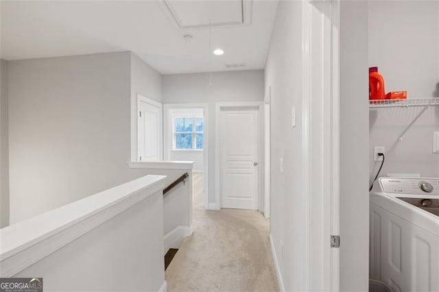 5504 Cameron Parc Dr, Johns Creek, GA 30022 - corridor with washer / dryer, attic access, light colored carpet, recessed lighting, and an upstairs landing