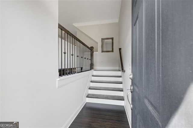 5504 Cameron Parc Dr, Johns Creek, GA 30022 - stairs with wood finished floors and ornamental molding