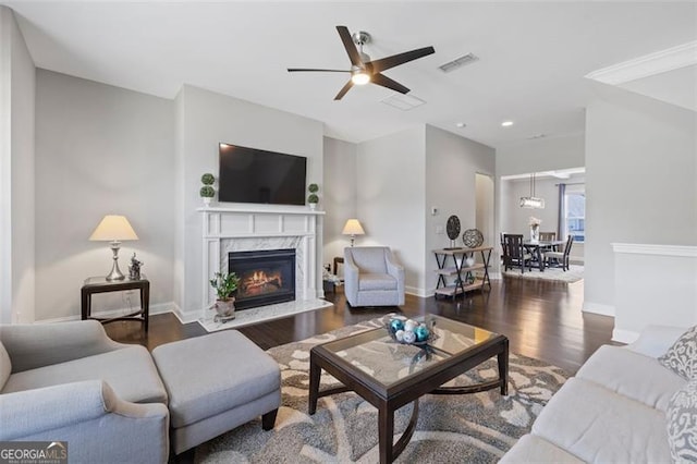 5504 Cameron Parc Dr, Johns Creek, GA 30022 - living room with a fireplace, wood finished floors, ceiling fan, and recessed lighting