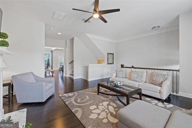 5504 Cameron Parc Dr, Johns Creek, GA 30022 - living room with a ceiling fan, wood finished floors, crown molding, recessed lighting, and stairway