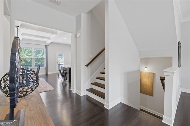 5504 Cameron Parc Dr, Johns Creek, GA 30022 - stairway with wood finished floors, beamed ceiling, and recessed lighting