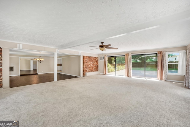 234 Crumbley Rd, Mcdonough, GA 30252 - unfurnished living room featuring a textured ceiling, carpet floors, a chandelier, a ceiling fan, and beamed ceiling