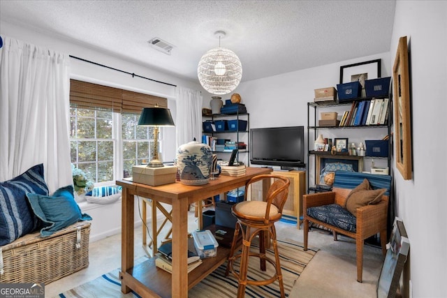 4385 Pinehollow Ct, Alpharetta, GA 30022 - home office featuring carpet, a chandelier, and a textured ceiling