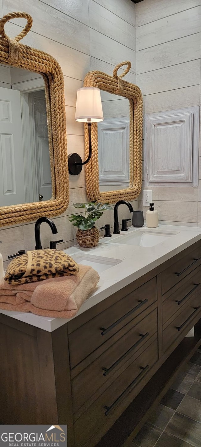 4385 Pinehollow Ct, Alpharetta, GA 30022 - bathroom with double vanity and wooden walls