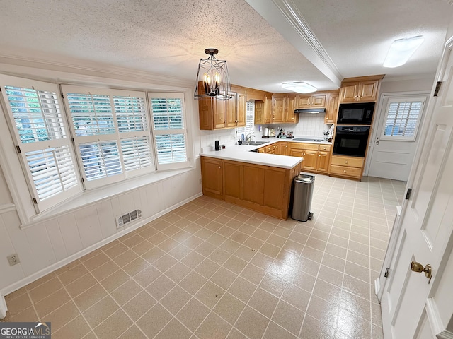 180 Broomsedge Trl, Athens, GA 30605 - kitchen featuring black appliances, a textured ceiling, a peninsula, light countertops, and ornamental molding