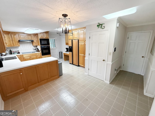 180 Broomsedge Trl, Athens, GA 30605 - kitchen featuring black appliances, light countertops, crown molding, a peninsula, and decorative light fixtures