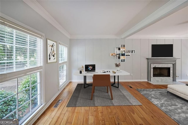 5176 Shotwell St, Woodstock, GA 30188 - office space featuring crown molding, a premium fireplace, and light wood-type flooring