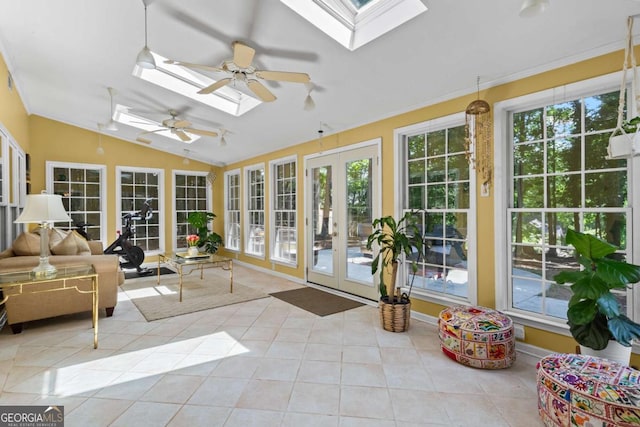 4961 Thornwood Trce NW, Acworth, GA 30102 - sunroom / solarium featuring french doors, a skylight, tile patterned flooring, and lofted ceiling