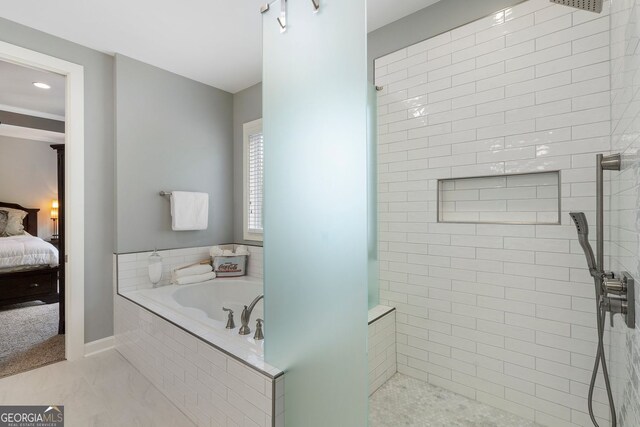 6430 Banbury Ct SE, Mableton, GA 30126 - bathroom featuring ensuite bathroom, a tile shower, a bath, recessed lighting, and marble finish flooring