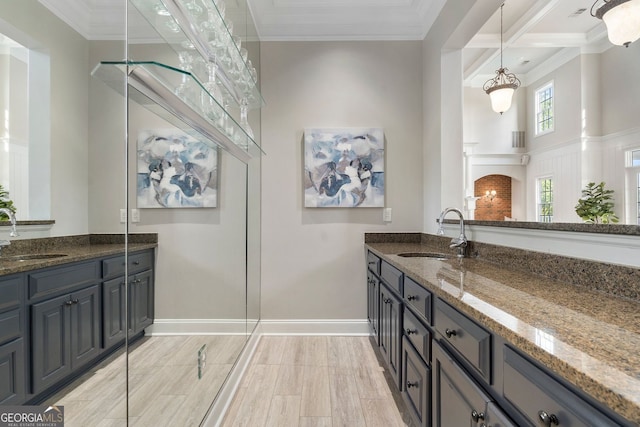 6430 Banbury Ct SE, Mableton, GA 30126 - full bath featuring vanity, a towering ceiling, crown molding, and beamed ceiling