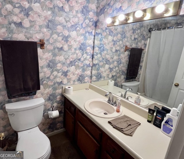 1106 Shiloh Ln NW, Kennesaw, GA 30144 - full bathroom with wallpapered walls, vanity, and a shower with curtain