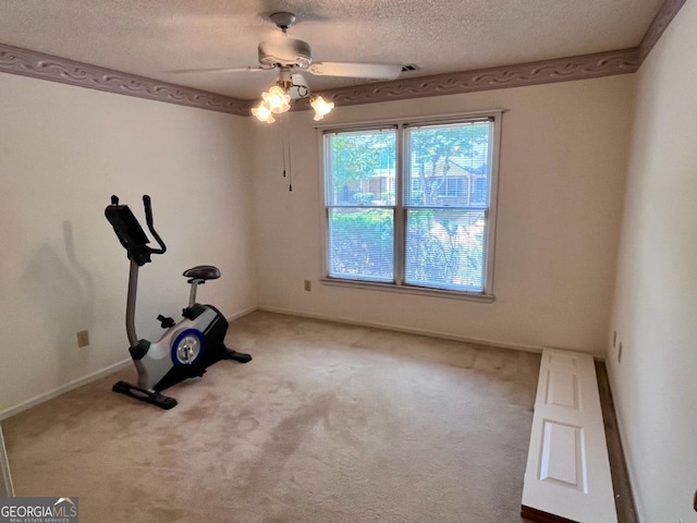 1106 Shiloh Ln NW, Kennesaw, GA 30144 - exercise area featuring a textured ceiling, a ceiling fan, and carpet floors