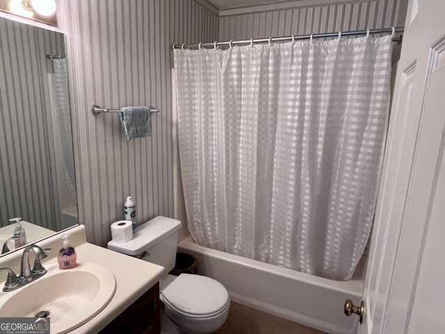 1106 Shiloh Ln NW, Kennesaw, GA 30144 - bathroom with wallpapered walls, shower / bathtub combination with curtain, and vanity