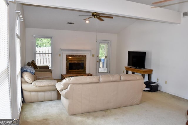 1106 Shiloh Ln NW, Kennesaw, GA 30144 - carpeted living area with lofted ceiling, ceiling fan, and a fireplace