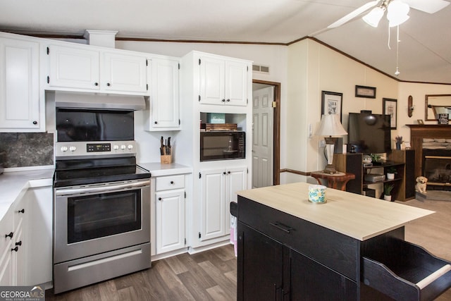3564 Chapel Cir, Blackshear, GA 31516 - kitchen with stainless steel electric range, lofted ceiling, black microwave, under cabinet range hood, and ornamental molding