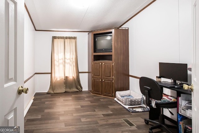 3564 Chapel Cir, Blackshear, GA 31516 - office space with dark wood-type flooring, ornamental molding, and a textured ceiling