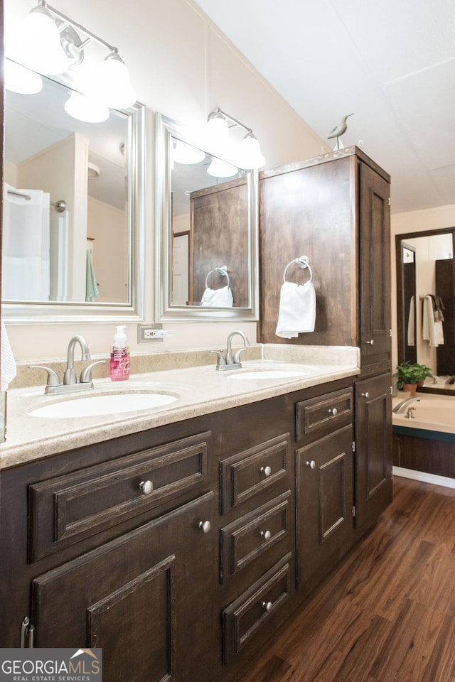 3564 Chapel Cir, Blackshear, GA 31516 - bathroom featuring double vanity, wood finished floors, and a bathtub