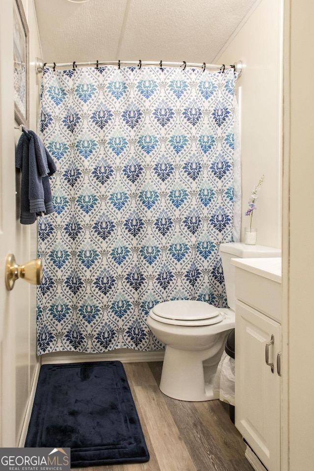 3564 Chapel Cir, Blackshear, GA 31516 - bathroom featuring wood finished floors, vanity, a shower with shower curtain, and a textured ceiling
