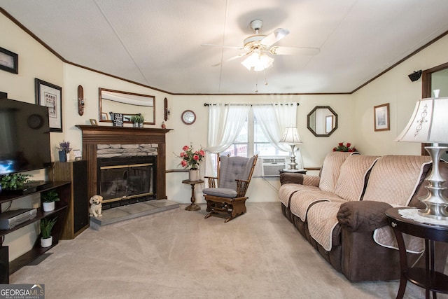 3564 Chapel Cir, Blackshear, GA 31516 - living area with ornamental molding, ceiling fan, carpet flooring, a glass covered fireplace, and cooling unit