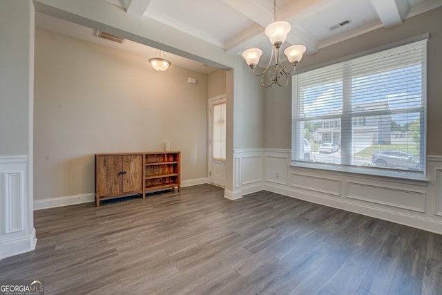 116 Sophie Cir, Locust Grove, GA 30248 - empty room featuring coffered ceiling, wood finished floors, beam ceiling, a chandelier, and wainscoting