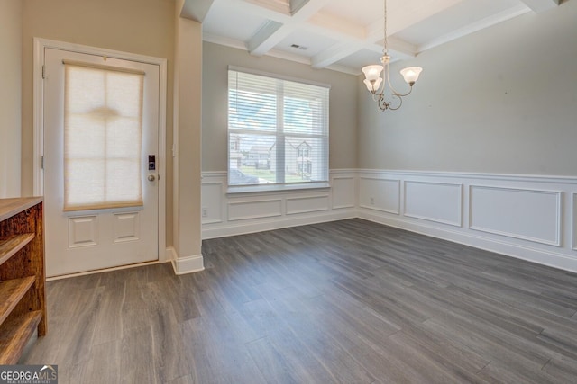 116 Sophie Cir, Locust Grove, GA 30248 - unfurnished dining area with beamed ceiling, a chandelier, coffered ceiling, dark wood finished floors, and a wainscoted wall