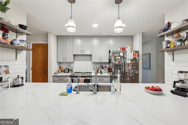 2653 Partridge Trl, Duluth, GA 30097 - kitchen with open shelves, appliances with stainless steel finishes, decorative backsplash, gray cabinets, and recessed lighting