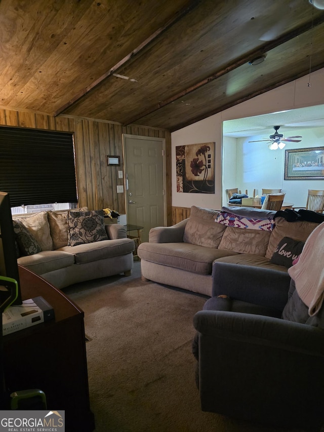 201 Rogers St, Mcdonough, GA 30253 - carpeted living area featuring wooden ceiling, vaulted ceiling, wood walls, and a ceiling fan