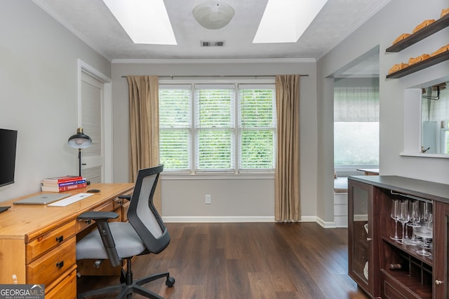 9 Saint Claire Ln NE, Atlanta, GA 30324 - office area featuring a skylight, dark wood-type flooring, and crown molding