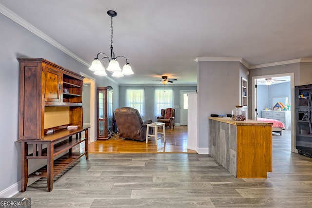 104 View St, Clarkesville, GA 30523 - kitchen featuring ceiling fan, open shelves, crown molding, black fridge with ice dispenser, and decorative light fixtures