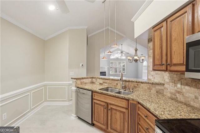 3707 Vineyards Lake Cir NW Unit 22, Kennesaw, GA 30144 - kitchen featuring brown cabinetry, stainless steel appliances, light stone countertops, ornamental molding, and ceiling fan