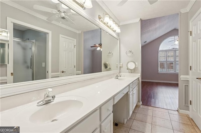 3707 Vineyards Lake Cir NW Unit 22, Kennesaw, GA 30144 - full bathroom with a ceiling fan, double vanity, a stall shower, vaulted ceiling, and tile patterned flooring